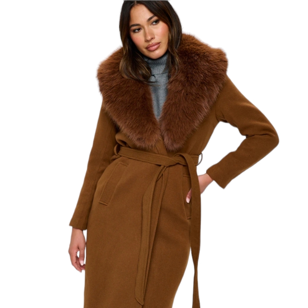 Women's CAMEL Long Trench Coat faux Fur Collar NWT - (#0074)